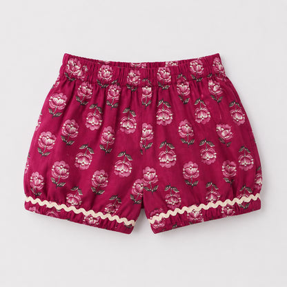 The Magic Wand Cotton Woven Sleeveless Rose Printed Laced Top And Shorts Loungewear Set- Magenta