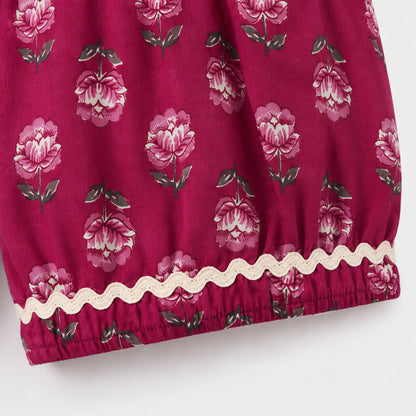 The Magic Wand Cotton Woven Sleeveless Rose Printed Laced Top And Shorts Loungewear Set- Magenta