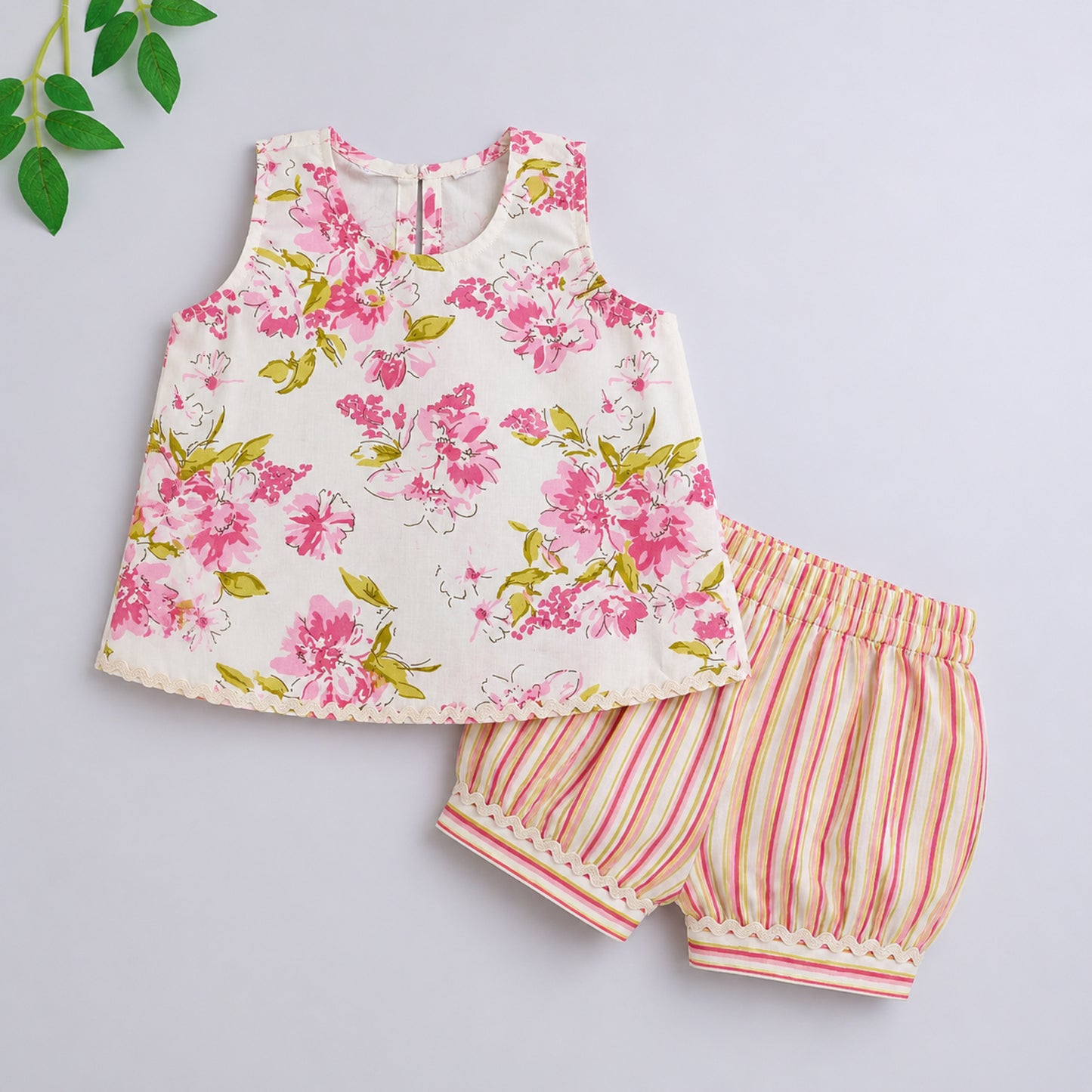 The Magic Wand Cotton Woven Sleeveless Blossom Floral Printed Laced Top And Stripe Shorts Loungewear Set- White