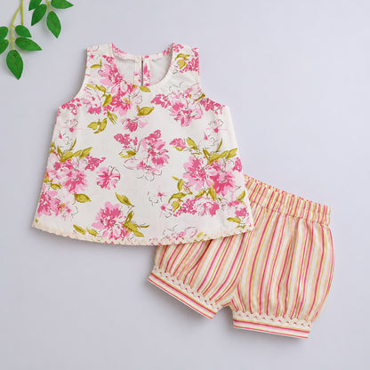 The Magic Wand Cotton Woven Sleeveless Blossom Floral Printed Laced Top And Stripe Shorts Loungewear Set- White