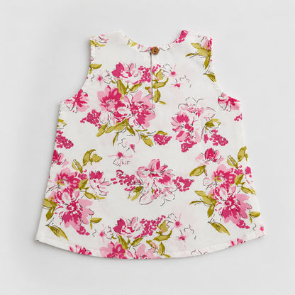 The Magic Wand Cotton Woven Sleeveless Blossom Floral Printed Laced Top And Stripe Shorts Loungewear Set- White