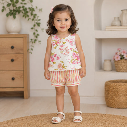 The Magic Wand Cotton Woven Sleeveless Blossom Floral Printed Laced Top And Stripe Shorts Loungewear Set- White
