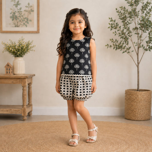 The Magic Wand Cotton Woven Sleeveless Ethnic Motif Printed Laced Top And Shorts Loungewear Set-Black