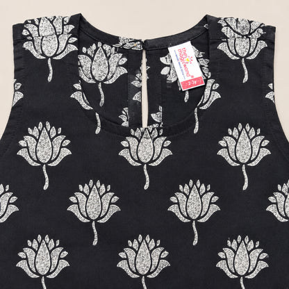 The Magic Wand Cotton Woven Sleeveless Ethnic Motif Printed Laced Top And Shorts Loungewear Set-Black