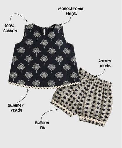 The Magic Wand Cotton Woven Sleeveless Ethnic Motif Printed Laced Top And Shorts Loungewear Set-Black