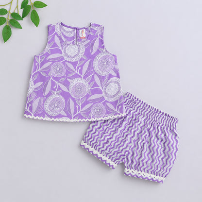 The Magic Wand Cotton Woven Sleeveless Floral Printed Laced Top And Shorts Loungewear Set-Lavendar