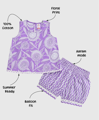 The Magic Wand Cotton Woven Sleeveless Floral Printed Laced Top And Shorts Loungewear Set-Lavendar