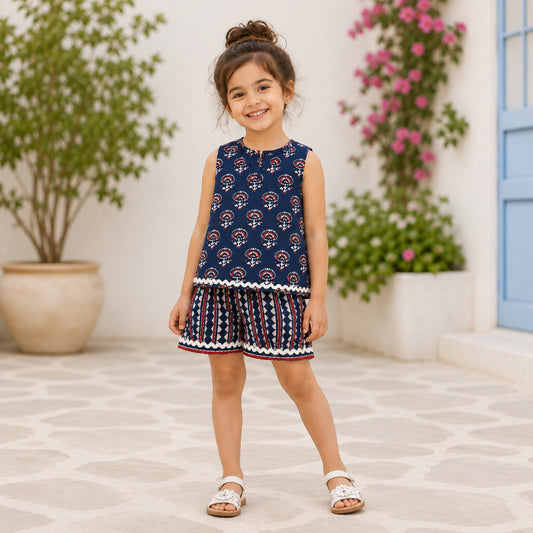 The Magic Wand Cotton Woven Sleeveless Floral Printed Laced Top And Shorts Loungewear Set- Indigo