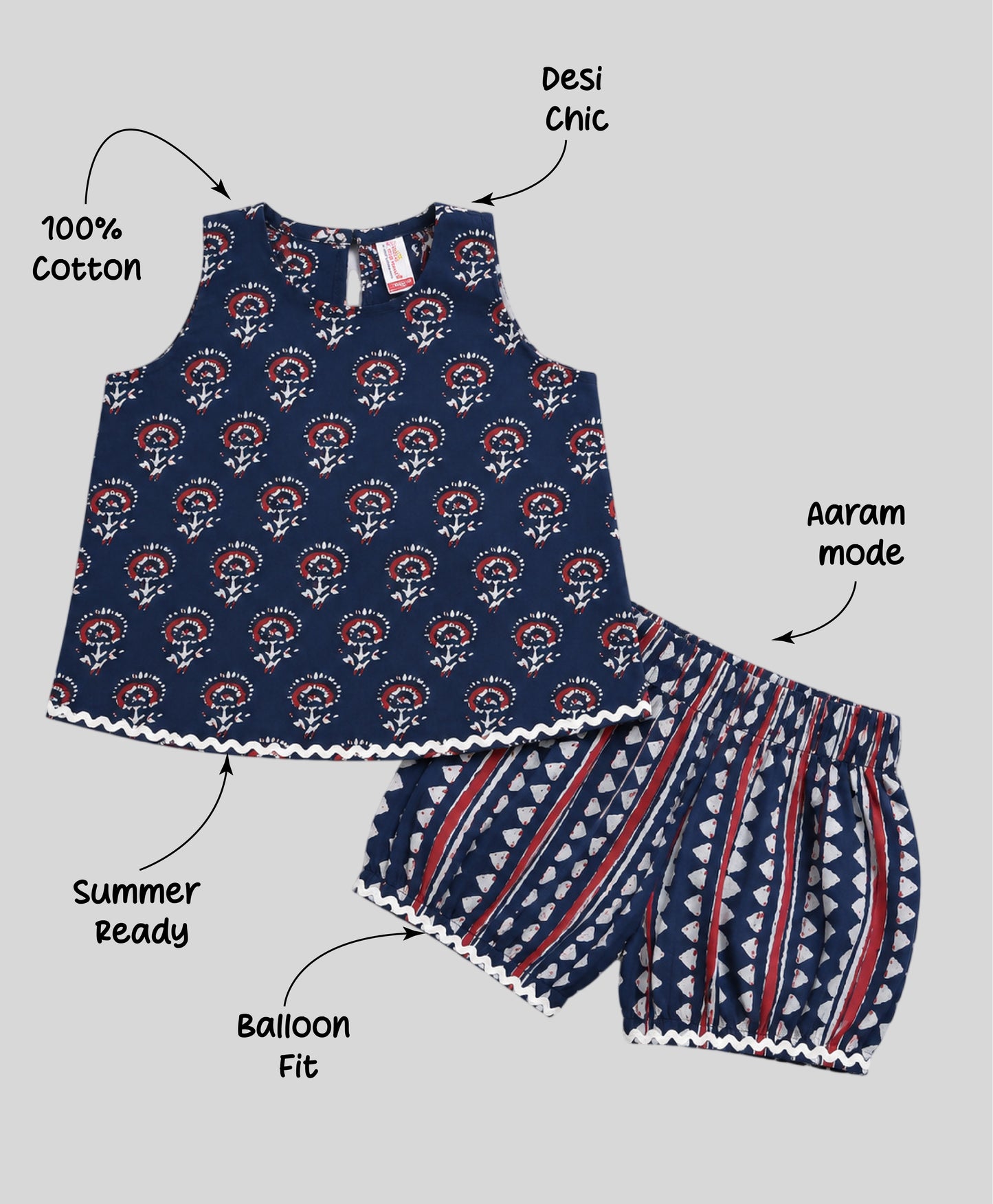 The Magic Wand Cotton Woven Sleeveless Floral Printed Laced Top And Shorts Loungewear Set- Indigo