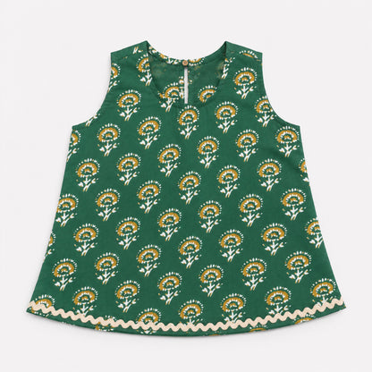 The Magic Wand Cotton Woven Sleeveless Floral Printed Laced Top And Shorts Loungewear Set-Green