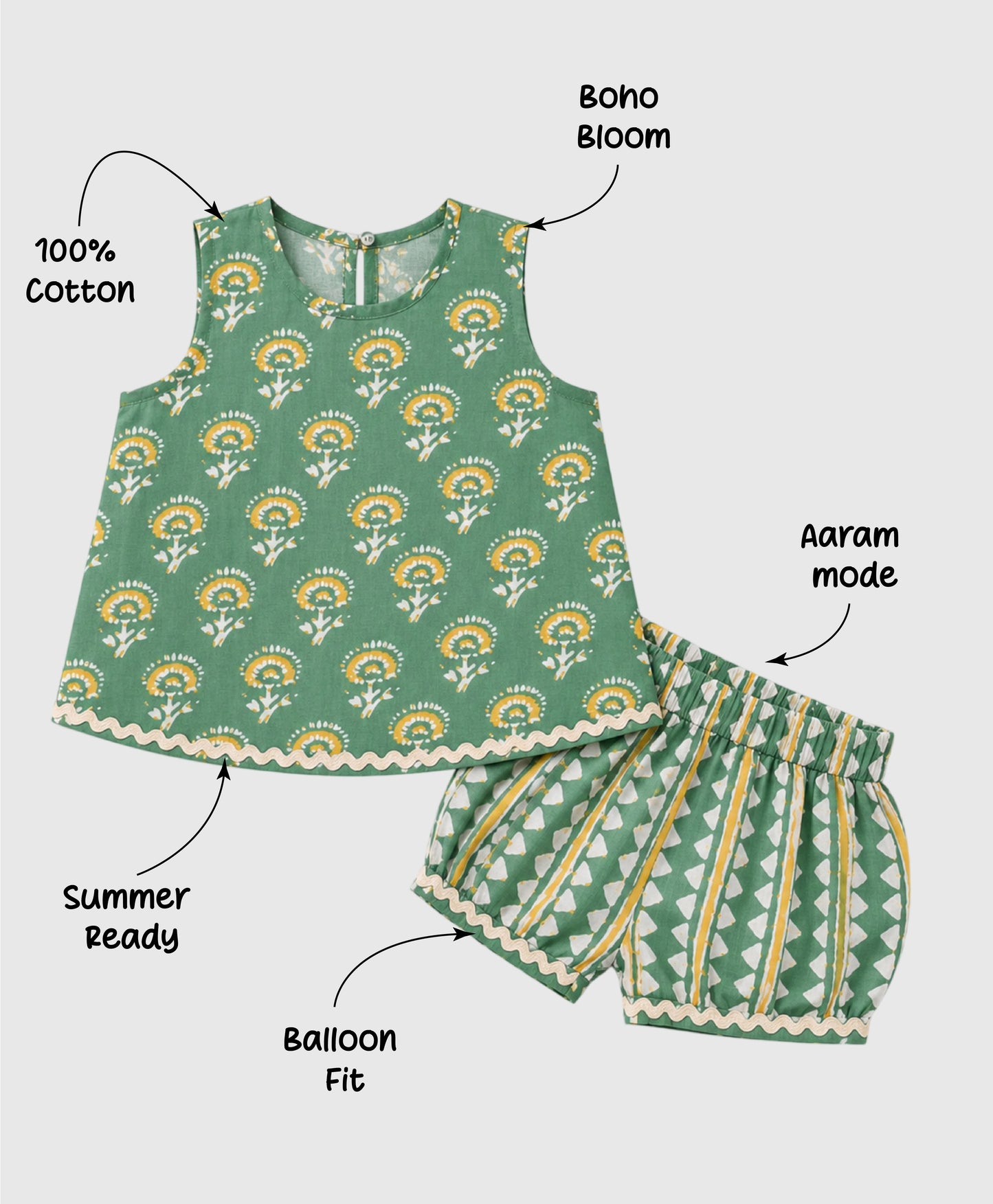 The Magic Wand Cotton Woven Sleeveless Floral Printed Laced Top And Shorts Loungewear Set-Green