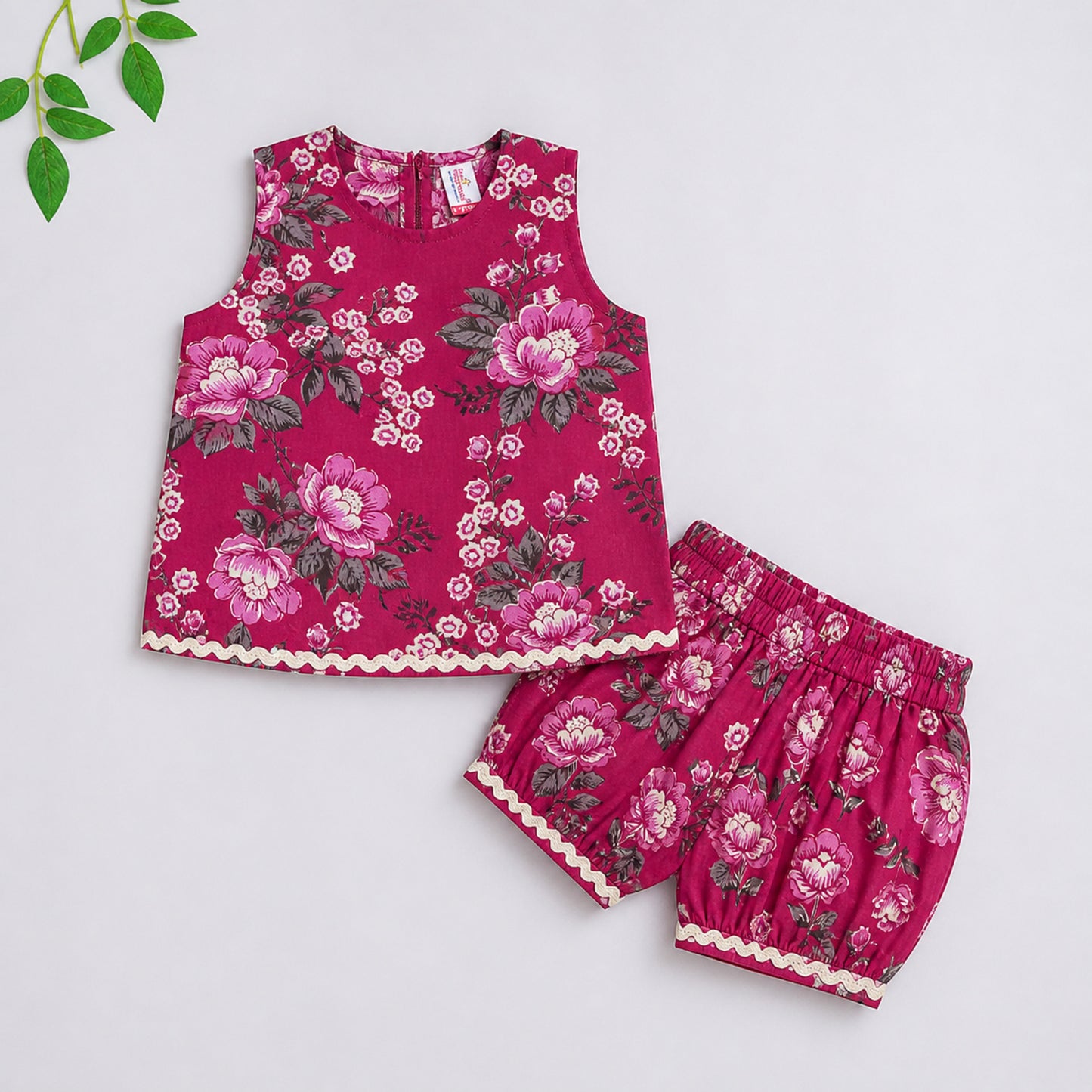 The Magic Wand Cotton Woven Sleeveless All Over Printed Laced Top And Shorts Loungewear Set-Maroon