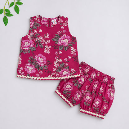 The Magic Wand Cotton Woven Sleeveless All Over Printed Laced Top And Shorts Loungewear Set-Maroon