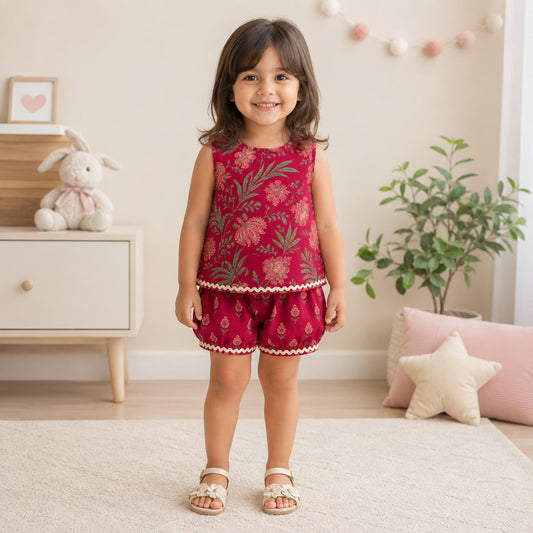 The Magic Wand Cotton Woven Sleeveless All Over Printed Laced Top And Shorts Loungewear Set-Maroon