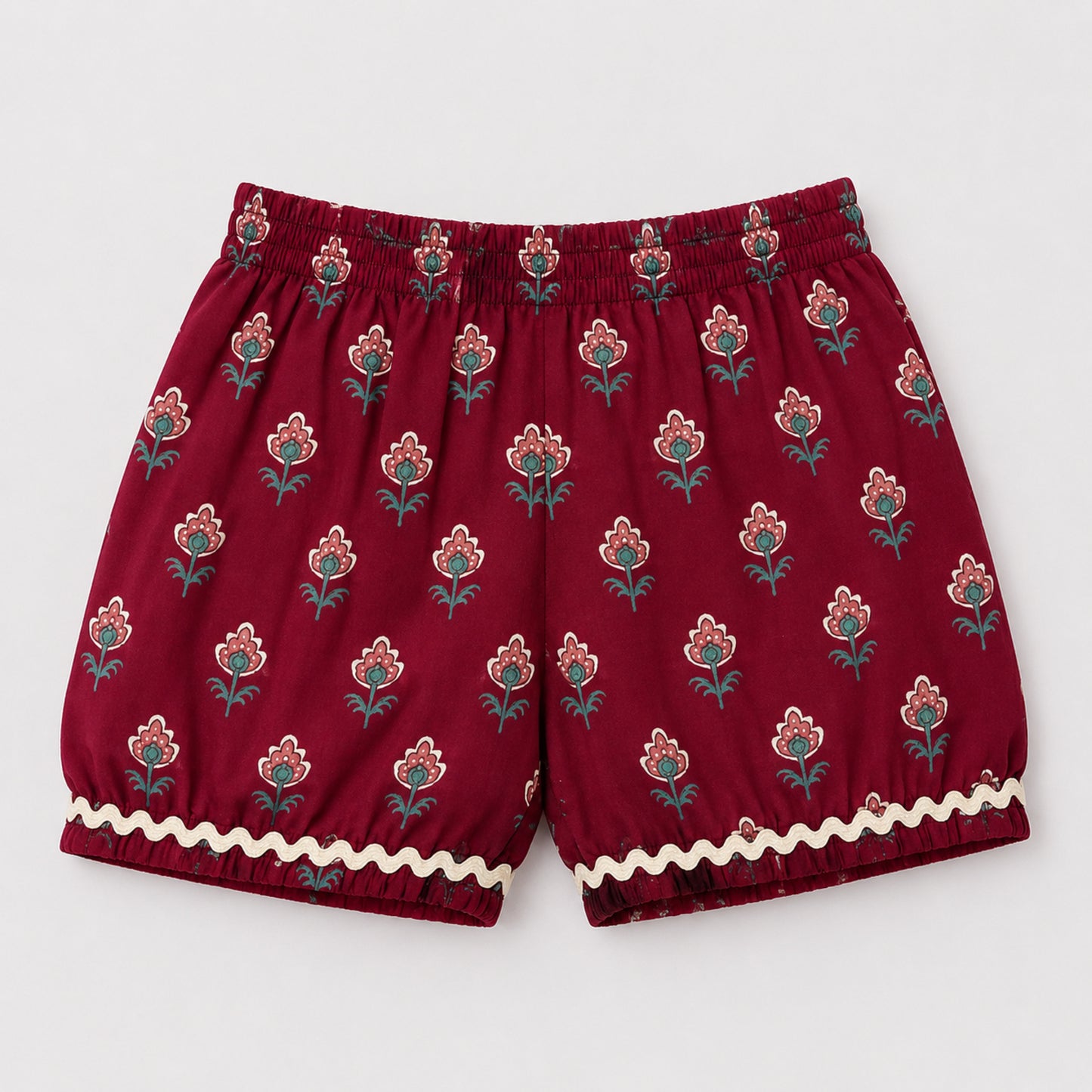 The Magic Wand Cotton Woven Sleeveless All Over Printed Laced Top And Shorts Loungewear Set-Maroon