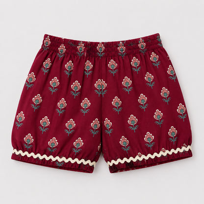 The Magic Wand Cotton Woven Sleeveless All Over Printed Laced Top And Shorts Loungewear Set-Maroon