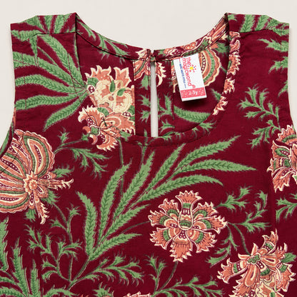The Magic Wand Cotton Woven Sleeveless All Over Printed Laced Top And Shorts Loungewear Set-Maroon