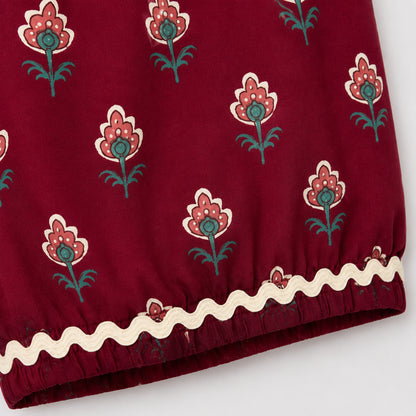 The Magic Wand Cotton Woven Sleeveless All Over Printed Laced Top And Shorts Loungewear Set-Maroon
