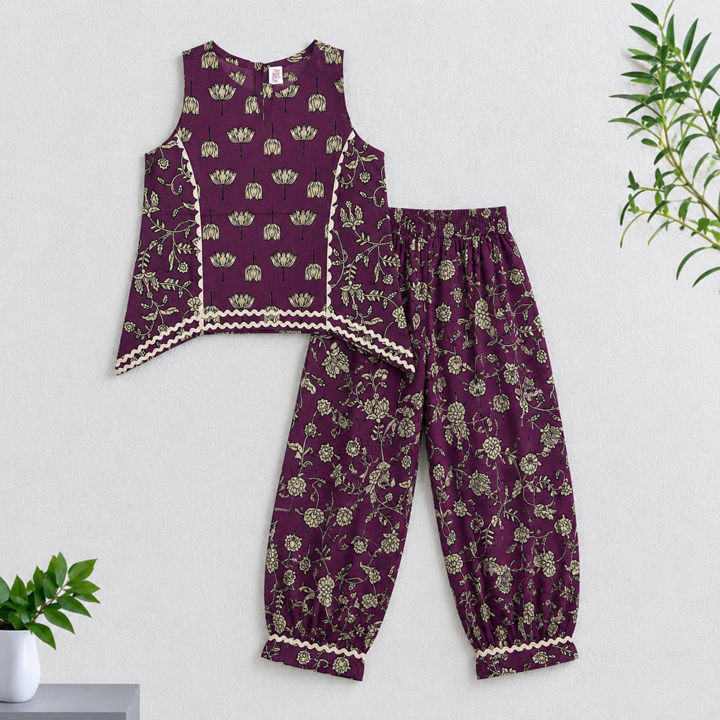 The Magic Wand Cambric Cotton Woven Sleeveless Floral Printed Laced Kurti And Afghani Pant Set-Wine