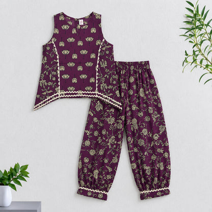 The Magic Wand Cambric Cotton Woven Sleeveless Floral Printed Laced Kurti And Afghani Pant Set-Wine