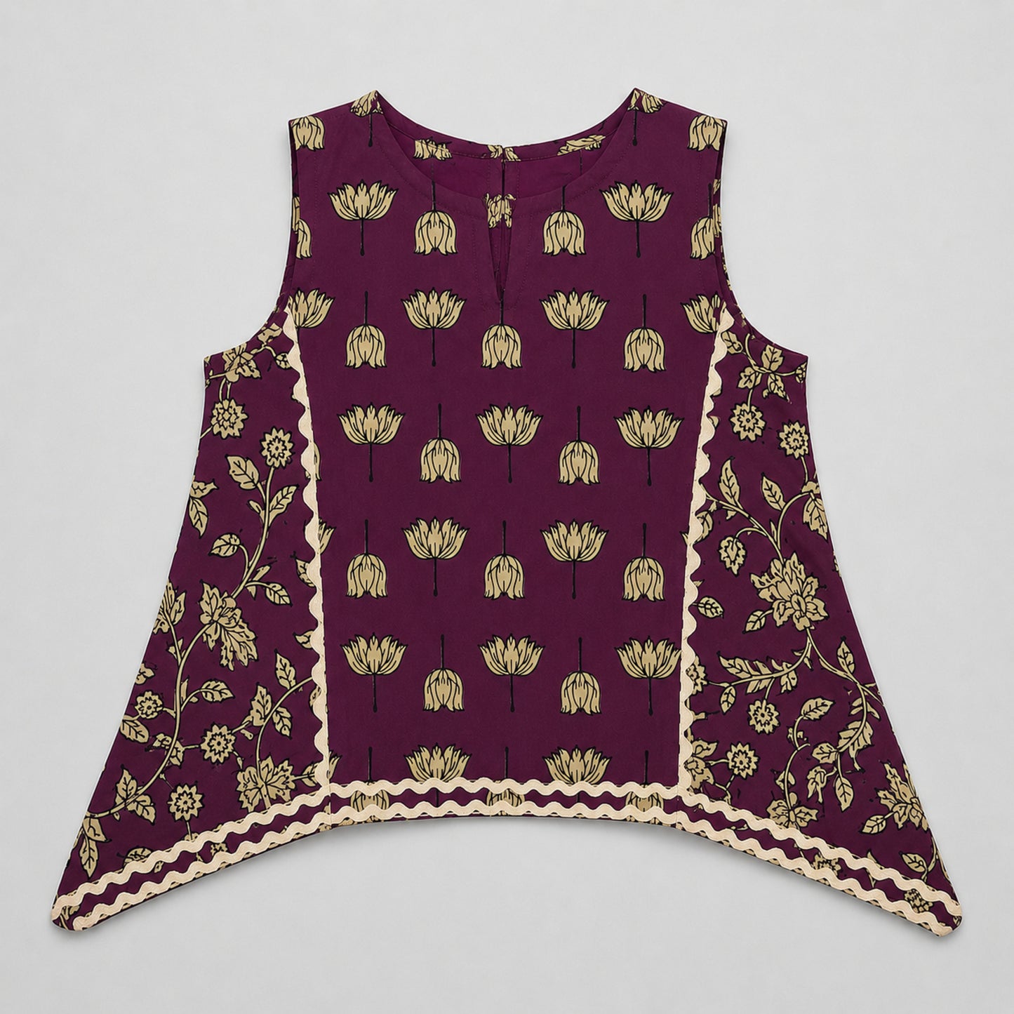 The Magic Wand Cambric Cotton Woven Sleeveless Floral Printed Laced Kurti And Afghani Pant Set-Wine