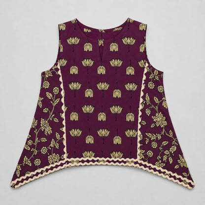 The Magic Wand Cambric Cotton Woven Sleeveless Floral Printed Laced Kurti And Afghani Pant Set-Wine