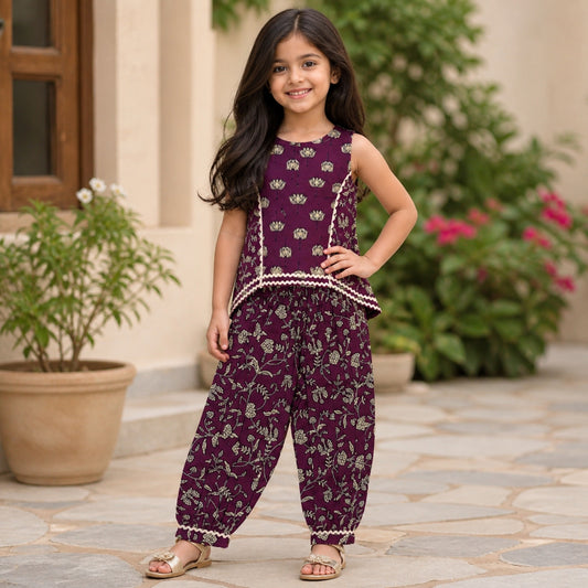 The Magic Wand Cambric Cotton Woven Sleeveless Floral Printed Laced Kurti And Afghani Pant Set-Wine