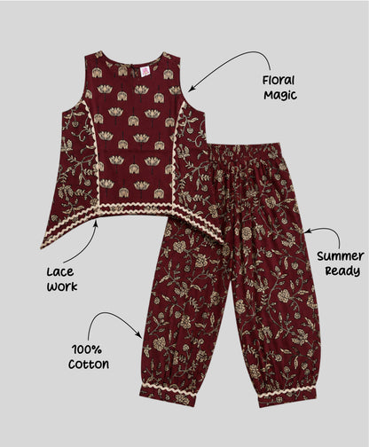 The Magic Wand Cambric Cotton Woven Sleeveless Floral Printed Laced Kurti And Afghani Pant Set-Wine