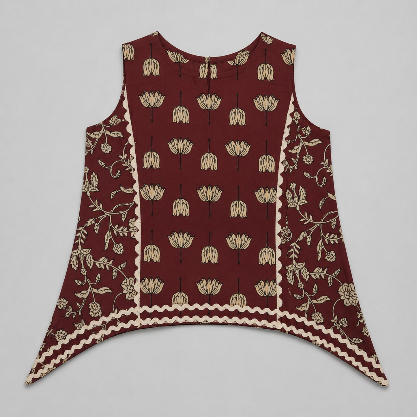 The Magic Wand Cambric Cotton Woven Sleeveless Floral Printed Laced Kurti And Afghani Pant Set -Maroon