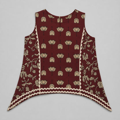 The Magic Wand Cambric Cotton Woven Sleeveless Floral Printed Laced Kurti And Afghani Pant Set -Maroon