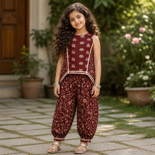 The Magic Wand Cambric Cotton Woven Sleeveless Floral Printed Laced Kurti And Afghani Pant Set -Maroon