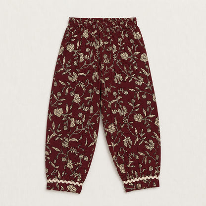 The Magic Wand Cambric Cotton Woven Sleeveless Floral Printed Laced Kurti And Afghani Pant Set -Maroon