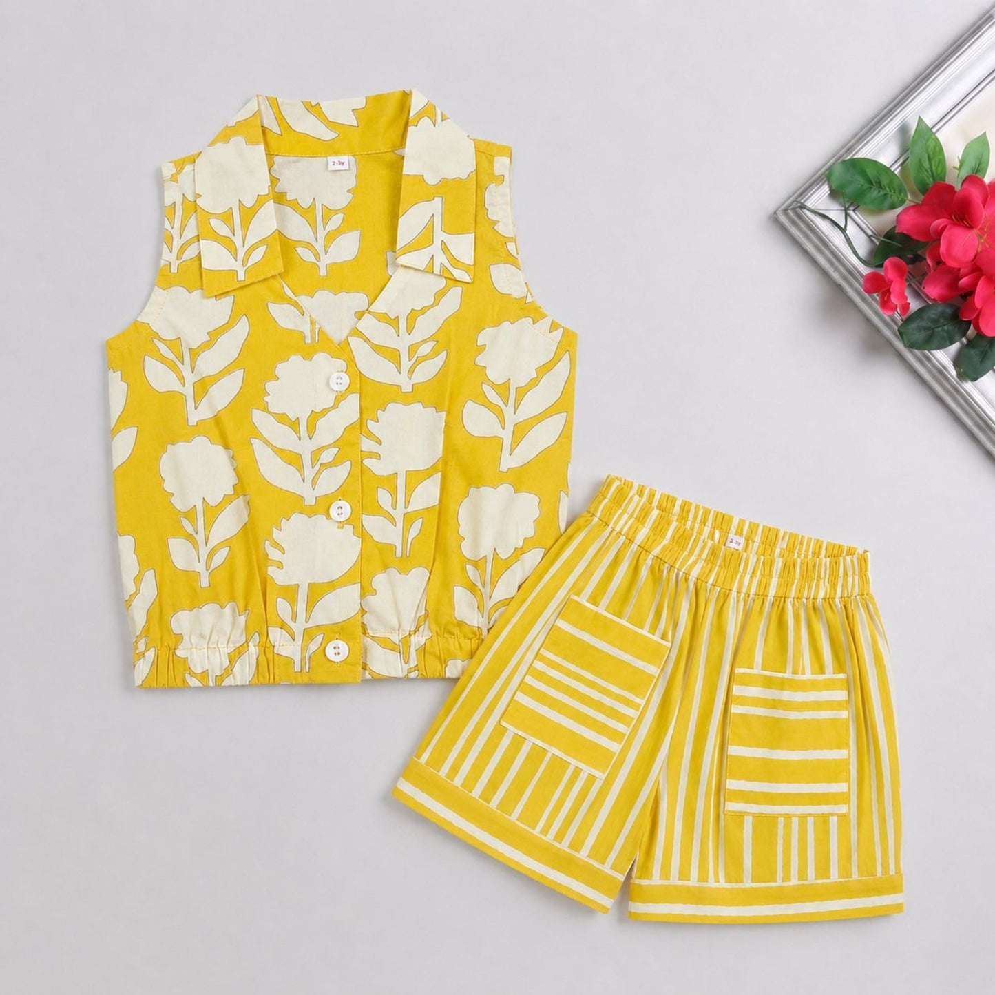 The Magic Wand Cotton Woven Sleeveless Floral Printed Collared Shirt And Stripes Shorts Set - Yellow