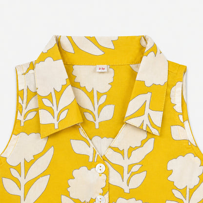 The Magic Wand Cotton Woven Sleeveless Floral Printed Collared Shirt And Stripes Shorts Set - Yellow