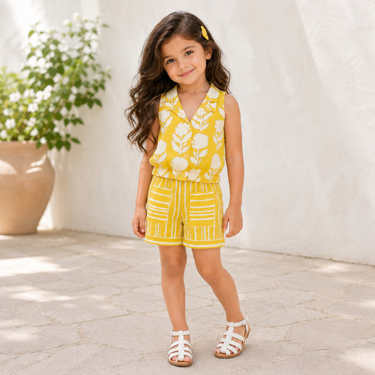 The Magic Wand Cotton Woven Sleeveless Floral Printed Collared Shirt And Stripes Shorts Set - Yellow