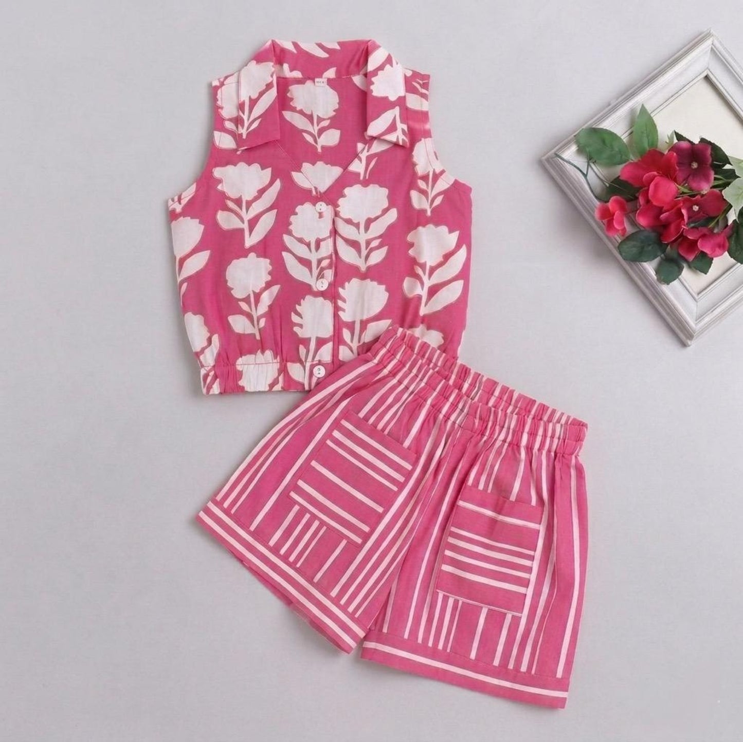 The Magic Wand Cotton Woven Sleeveless Floral Printed Collared Shirt And Stripes Shorts Set - Pink