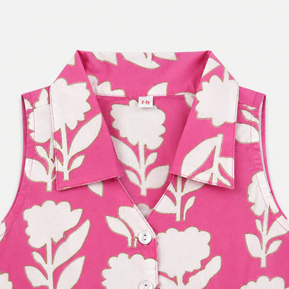 The Magic Wand Cotton Woven Sleeveless Floral Printed Collared Shirt And Stripes Shorts Set - Pink