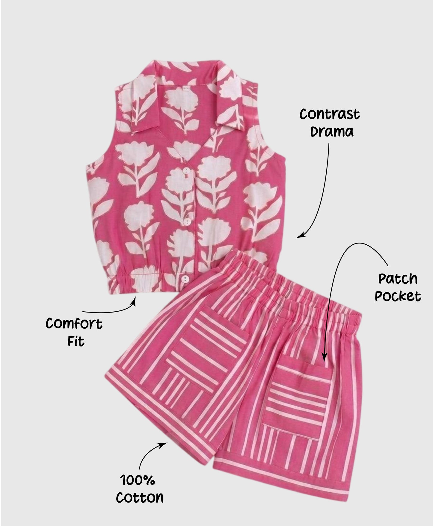 The Magic Wand Cotton Woven Sleeveless Floral Printed Collared Shirt And Stripes Shorts Set - Pink
