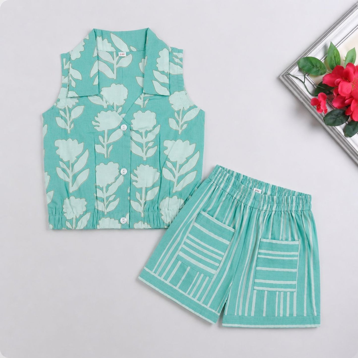 The Magic Wand Cotton Woven Sleeveless Floral Printed Collared Shirt And Stripes Shorts Set - Turquoise