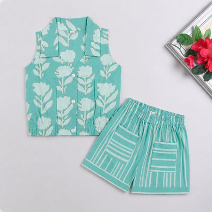 The Magic Wand Cotton Woven Sleeveless Floral Printed Collared Shirt And Stripes Shorts Set - Turquoise