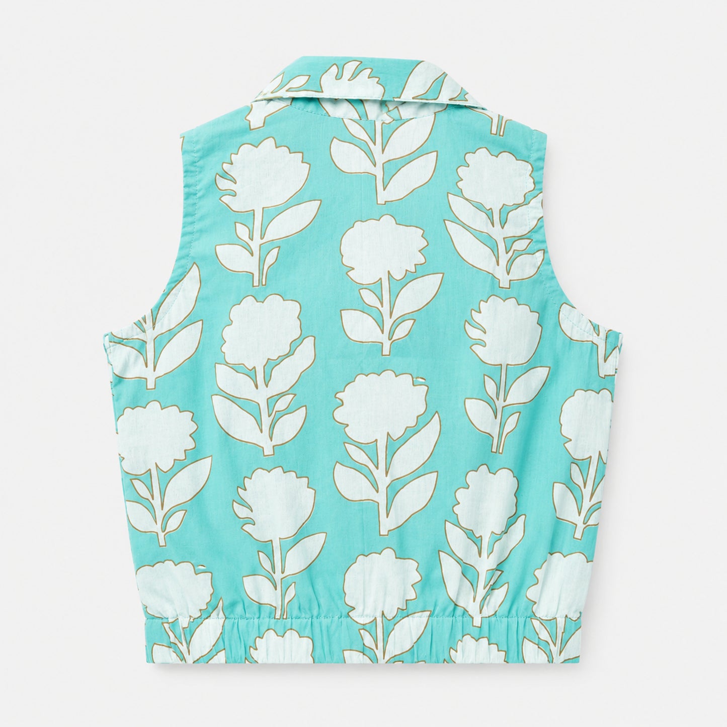 The Magic Wand Cotton Woven Sleeveless Floral Printed Collared Shirt And Stripes Shorts Set - Turquoise