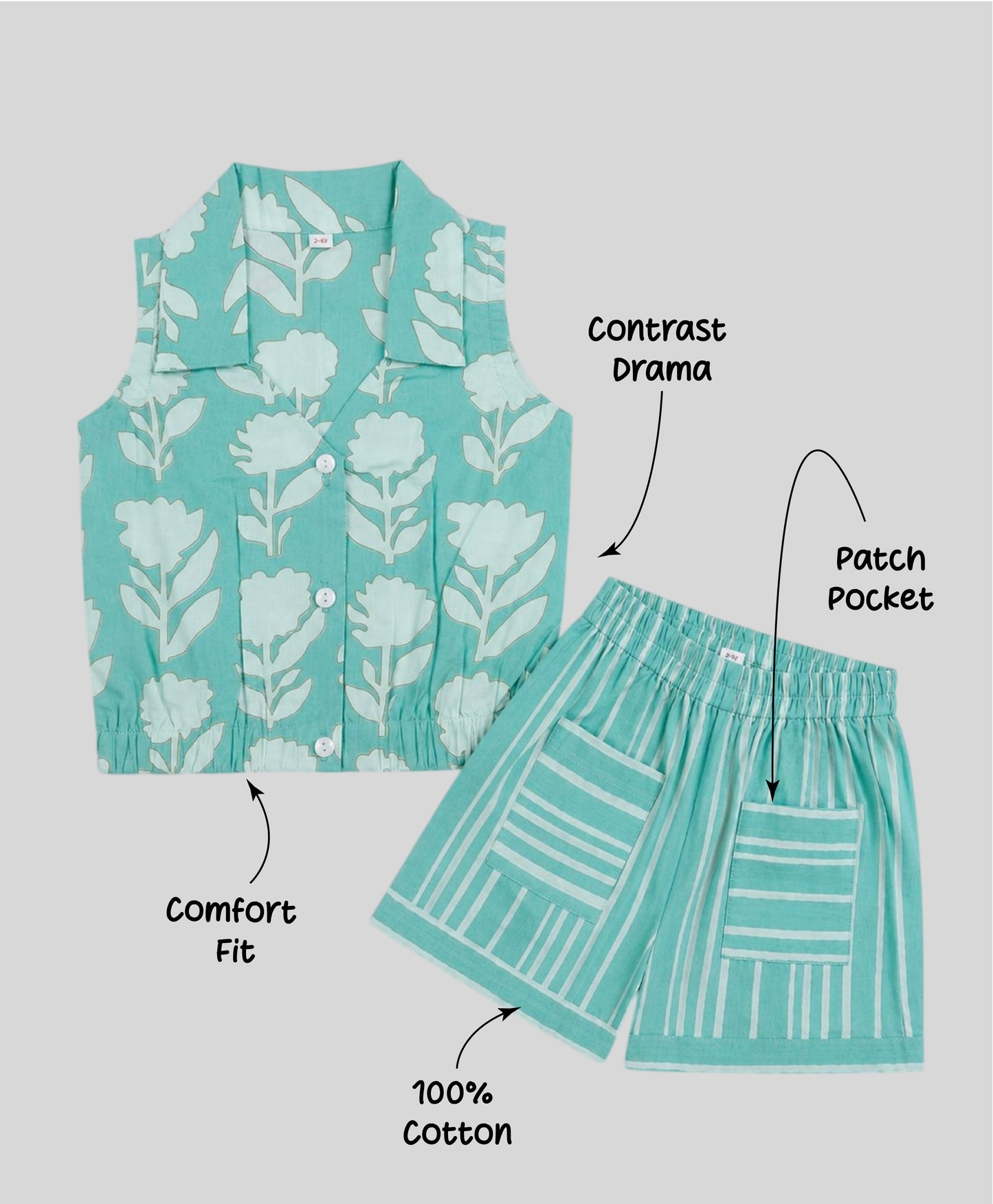 The Magic Wand Cotton Woven Sleeveless Floral Printed Collared Shirt And Stripes Shorts Set - Turquoise