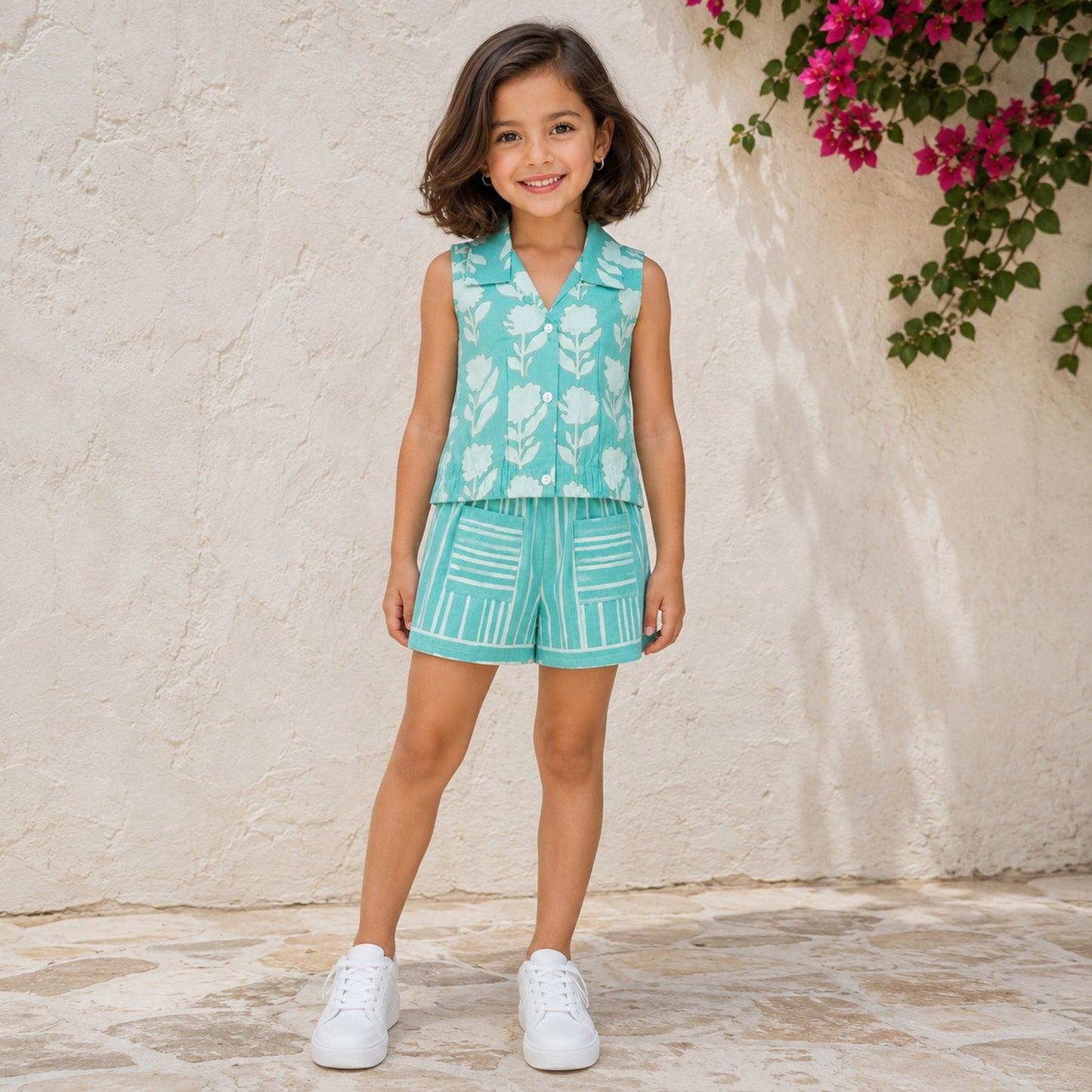 The Magic Wand Cotton Woven Sleeveless Floral Printed Collared Shirt And Stripes Shorts Set - Turquoise