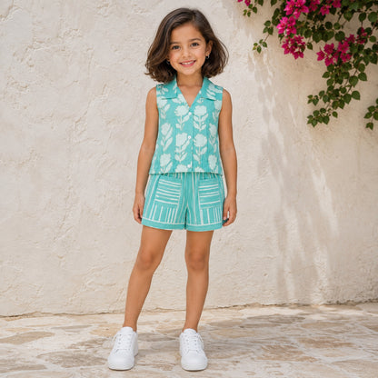 The Magic Wand Cotton Woven Sleeveless Floral Printed Collared Shirt And Stripes Shorts Set - Turquoise