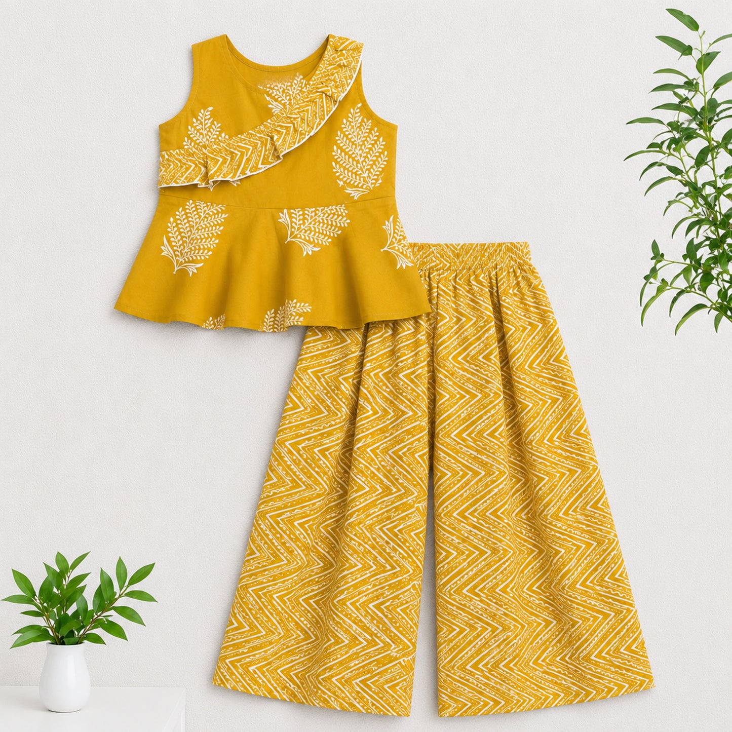 The Magic Wand Woven Sleeveless Floral Printed Ruffle Top And Palazzo Set - Yellow