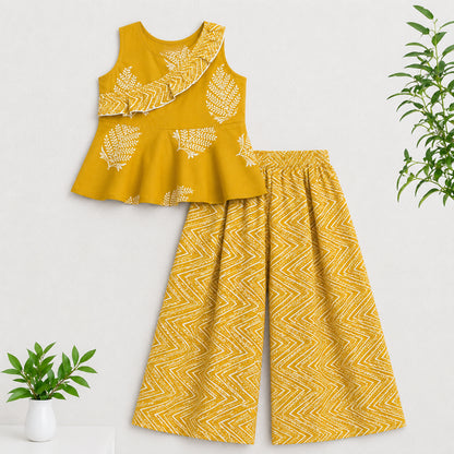 The Magic Wand Woven Sleeveless Floral Printed Ruffle Top And Palazzo Set - Yellow