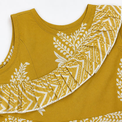 The Magic Wand Woven Sleeveless Floral Printed Ruffle Top And Palazzo Set - Yellow
