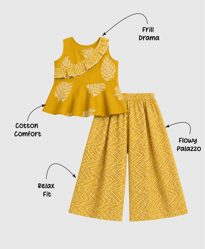 The Magic Wand Woven Sleeveless Floral Printed Ruffle Top And Palazzo Set - Yellow