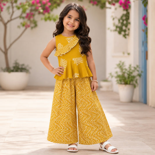 The Magic Wand Woven Sleeveless Floral Printed Ruffle Top And Palazzo Set - Yellow