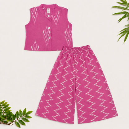 The Magic Wand Cotton Sleeveless Ikat Printed Top And Palazzo Set - Pink